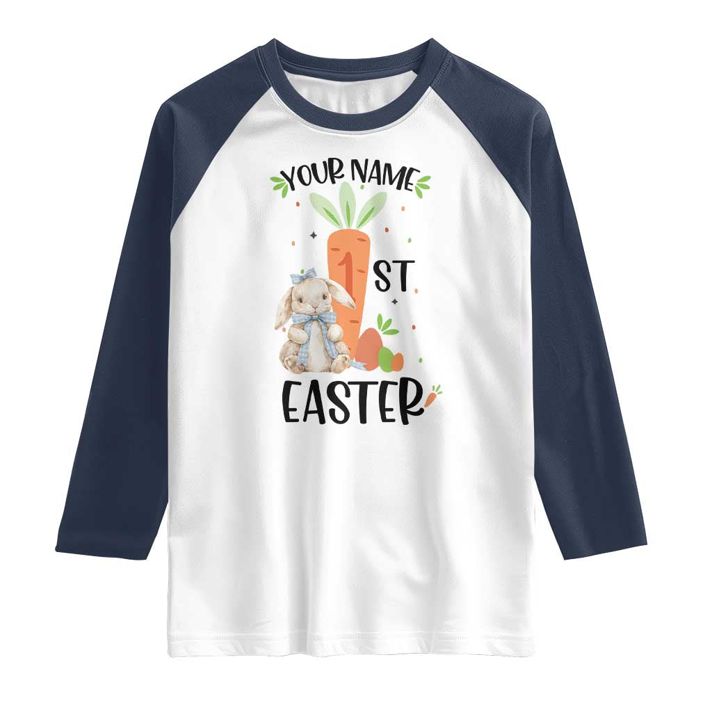 Personalized Easter Day Raglan Shirt Custom Text 1st Easter Cute Bunny Carrot TS11 White Navy Print Your Wear
