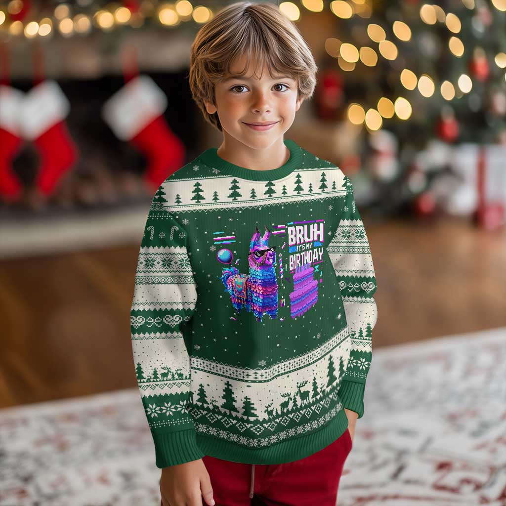 Funny Bruh It's My Birthday Ugly Christmas Sweater Llama Pinata Gaming Bday TS11 Forest Green Beige Print Your Wear