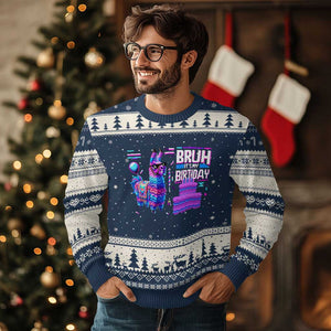 Funny Bruh It's My Birthday Ugly Christmas Sweater Llama Pinata Gaming Bday TS11 Navy Beige Print Your Wear