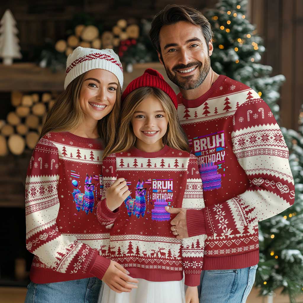 Funny Bruh It's My Birthday Ugly Christmas Sweater Llama Pinata Gaming Bday TS11 Red Beige Print Your Wear