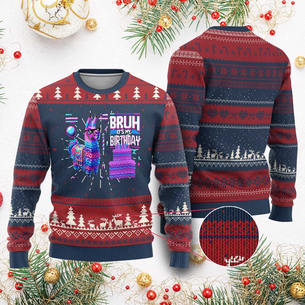 Funny Bruh It's My Birthday Knit Sweatshirt Llama Pinata Gaming Bday TS11 Burgundy Print Your Wear
