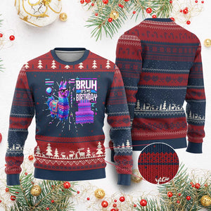 Funny Bruh It's My Birthday Knit Sweatshirt Llama Pinata Gaming Bday TS11 Burgundy Print Your Wear