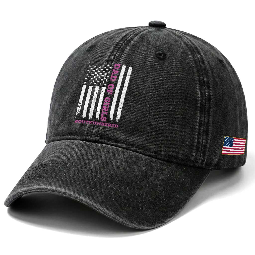 Funny Dad Of Girls Outnumbered Washed Cotton Baseball Cap Vintage American Flag Father's Day TS11 Print Your Wear