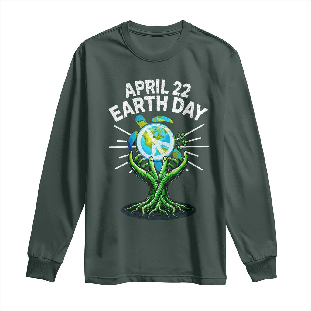 Happy Earth Day April 22 Long Sleeve Shirt Restore Earth Sea Turtle Tree Peace Sign TS11 Dark Forest Green Print Your Wear