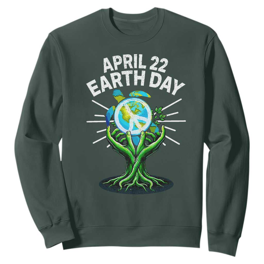 Happy Earth Day April 22 Sweatshirt Restore Earth Sea Turtle Tree Peace Sign TS11 Dark Forest Green Print Your Wear