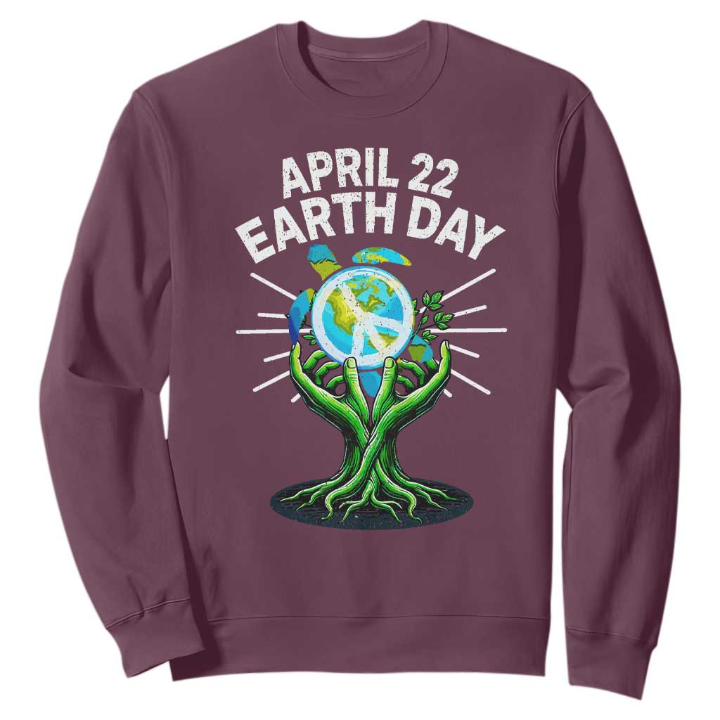 Happy Earth Day April 22 Sweatshirt Restore Earth Sea Turtle Tree Peace Sign TS11 Maroon Print Your Wear