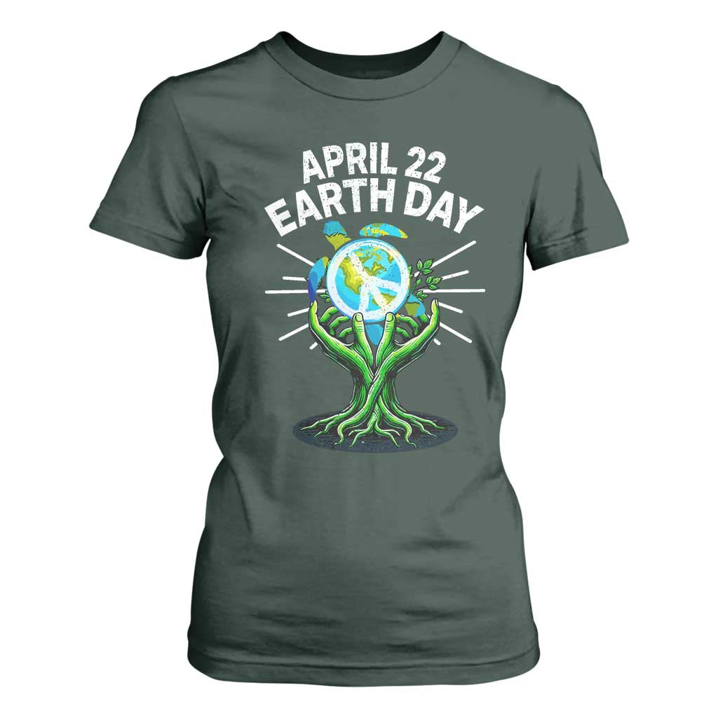 Happy Earth Day April 22 T Shirt For Women Restore Earth Sea Turtle Tree Peace Sign TS11 Dark Forest Green Print Your Wear