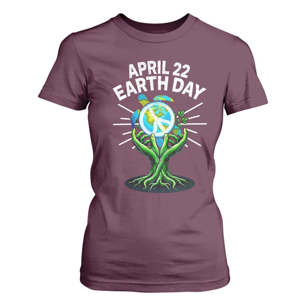 Happy Earth Day April 22 T Shirt For Women Restore Earth Sea Turtle Tree Peace Sign TS11 Maroon Print Your Wear