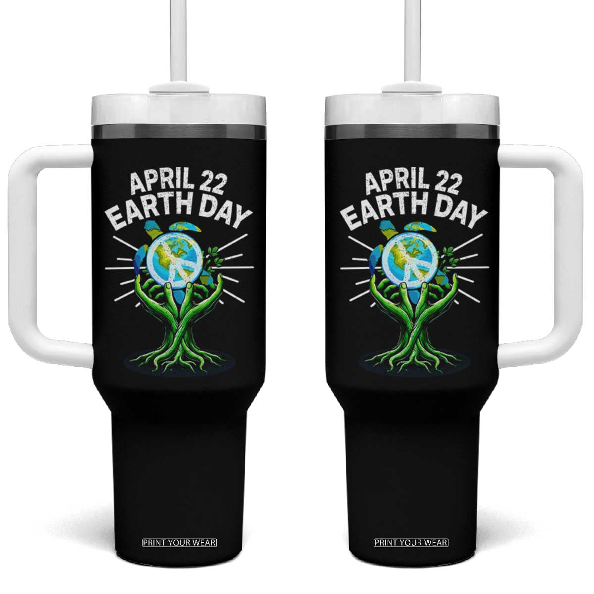 Happy Earth Day April 22 Tumbler With Handle Restore Earth Sea Turtle Tree Peace Sign TS11 One Size: 40 oz Black Print Your Wear
