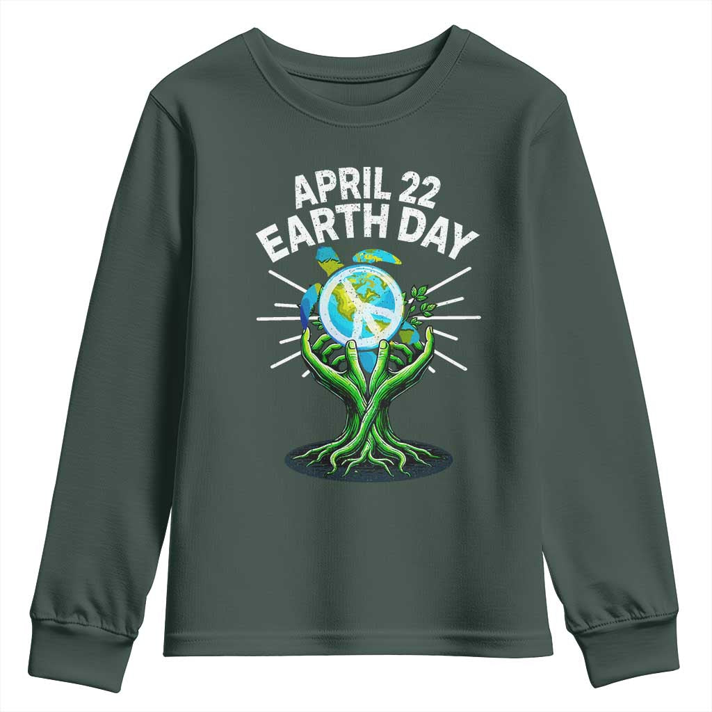 Happy Earth Day April 22 Youth Sweatshirt Restore Earth Sea Turtle Tree Peace Sign TS11 Dark Forest Green Print Your Wear
