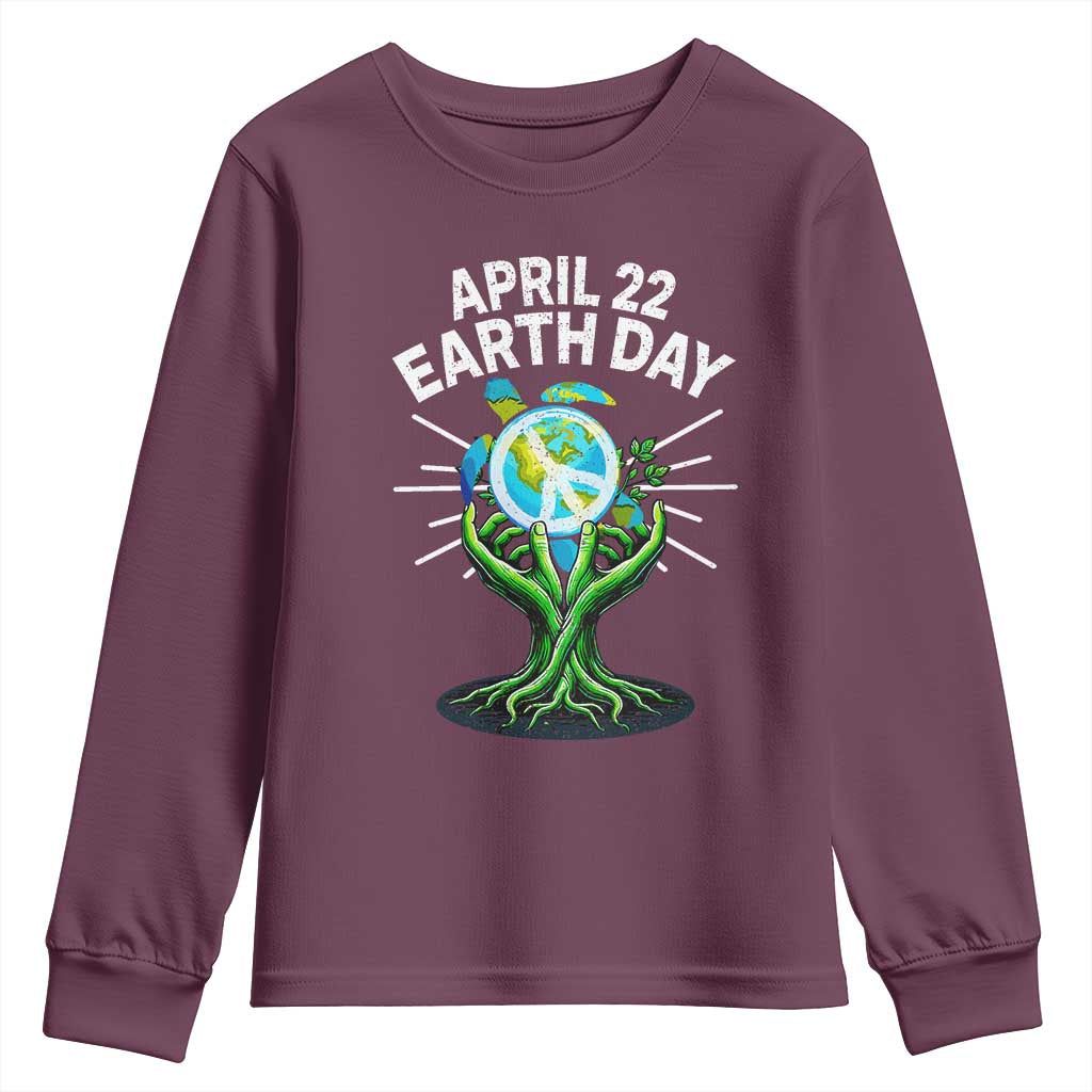 Happy Earth Day April 22 Youth Sweatshirt Restore Earth Sea Turtle Tree Peace Sign TS11 Maroon Print Your Wear