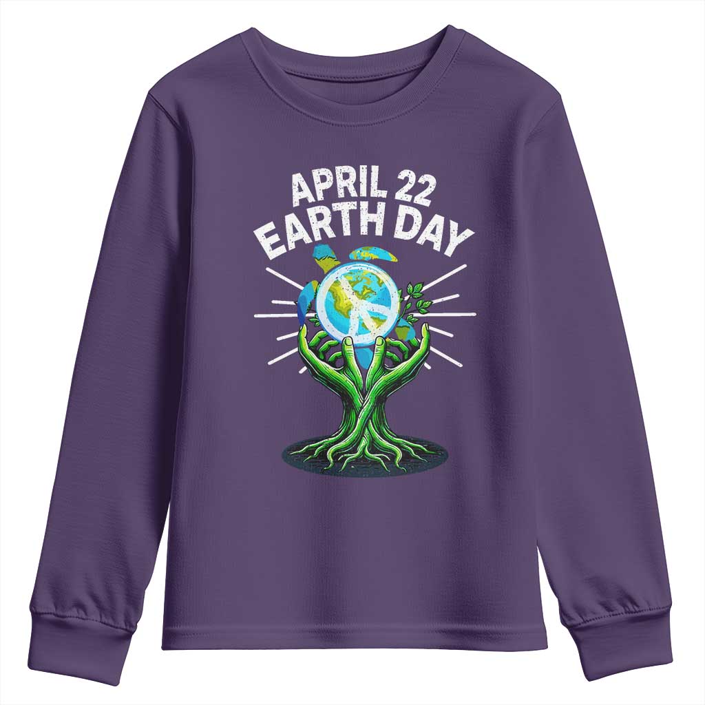 Happy Earth Day April 22 Youth Sweatshirt Restore Earth Sea Turtle Tree Peace Sign TS11 Purple Print Your Wear