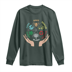Save Bees Rescue Animals Recycle Plastic Plant Tree Long Sleeve Shirt Earth Day TS11 Dark Forest Green Print Your Wear