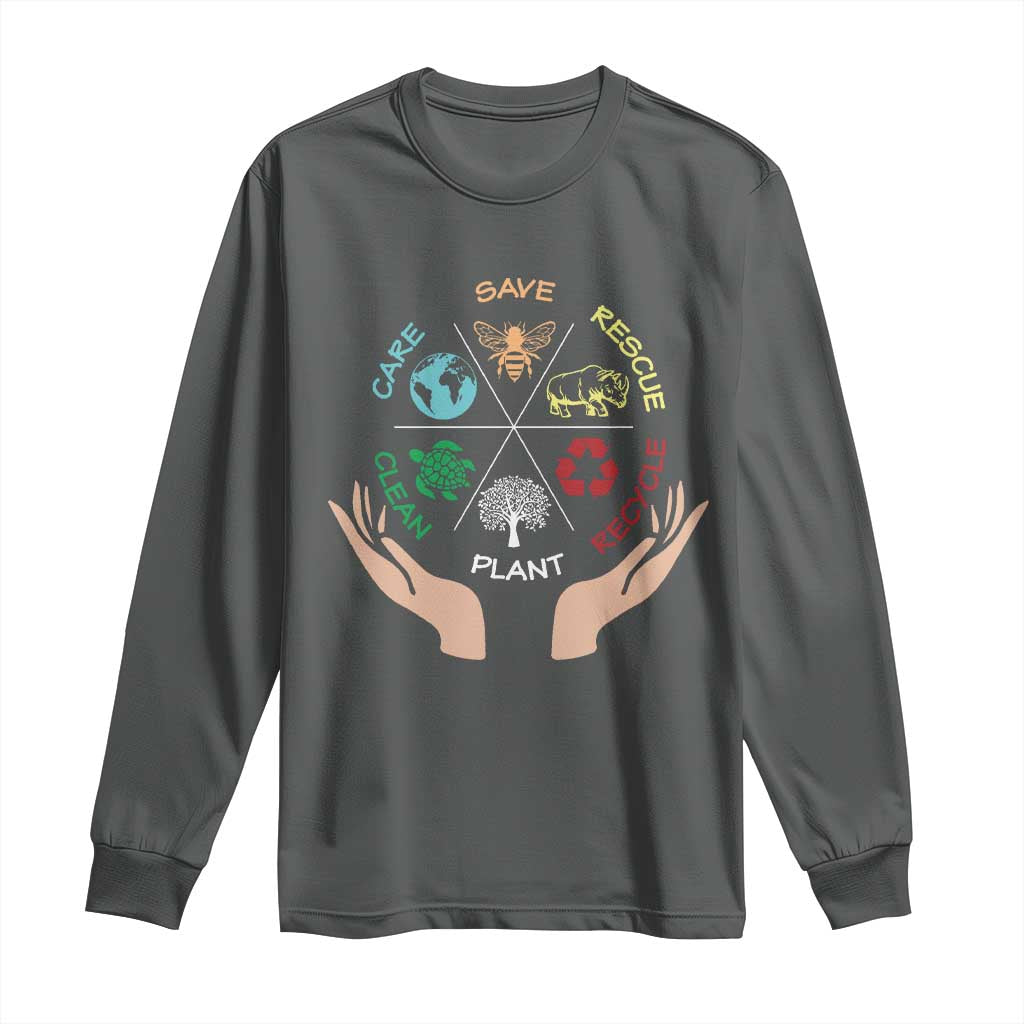 Save Bees Rescue Animals Recycle Plastic Plant Tree Long Sleeve Shirt Earth Day TS11 Dark Heather Print Your Wear