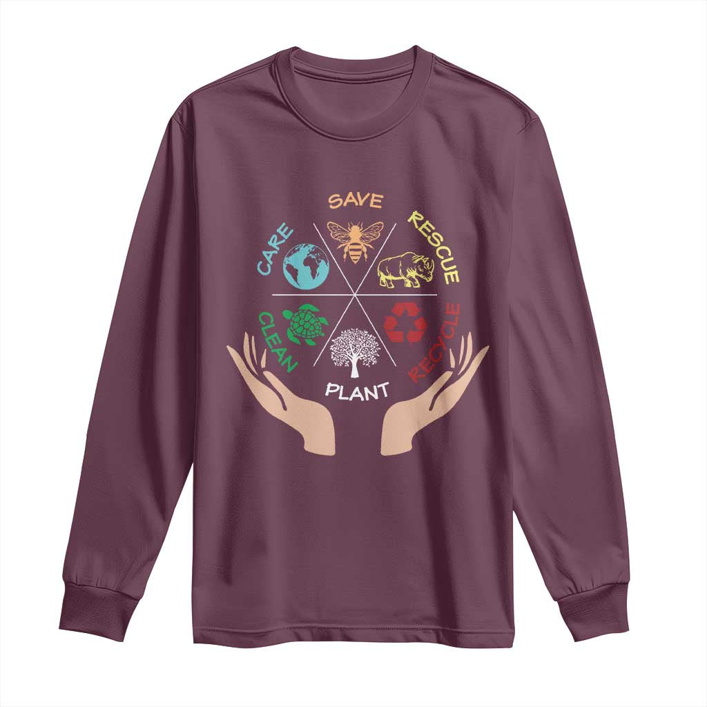 Save Bees Rescue Animals Recycle Plastic Plant Tree Long Sleeve Shirt Earth Day TS11 Maroon Print Your Wear