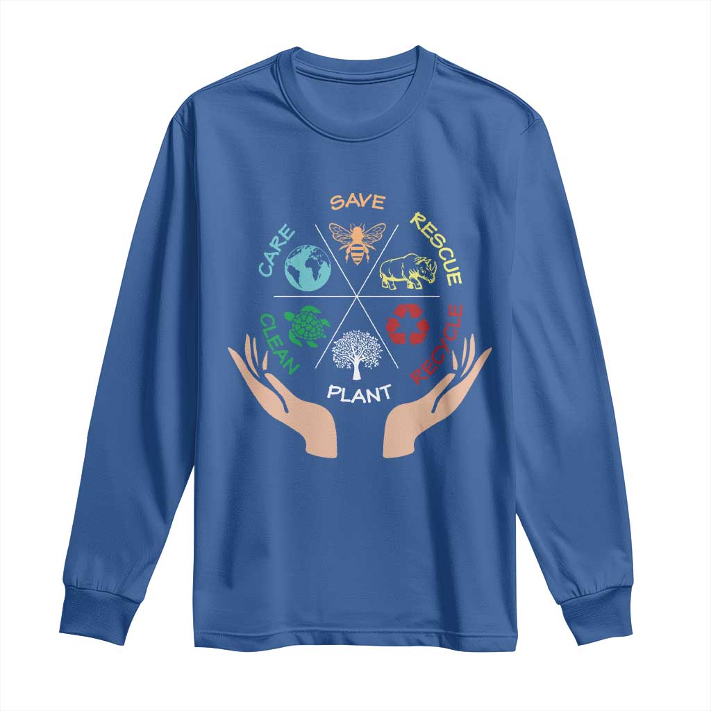 Save Bees Rescue Animals Recycle Plastic Plant Tree Long Sleeve Shirt Earth Day TS11 Royal Blue Print Your Wear