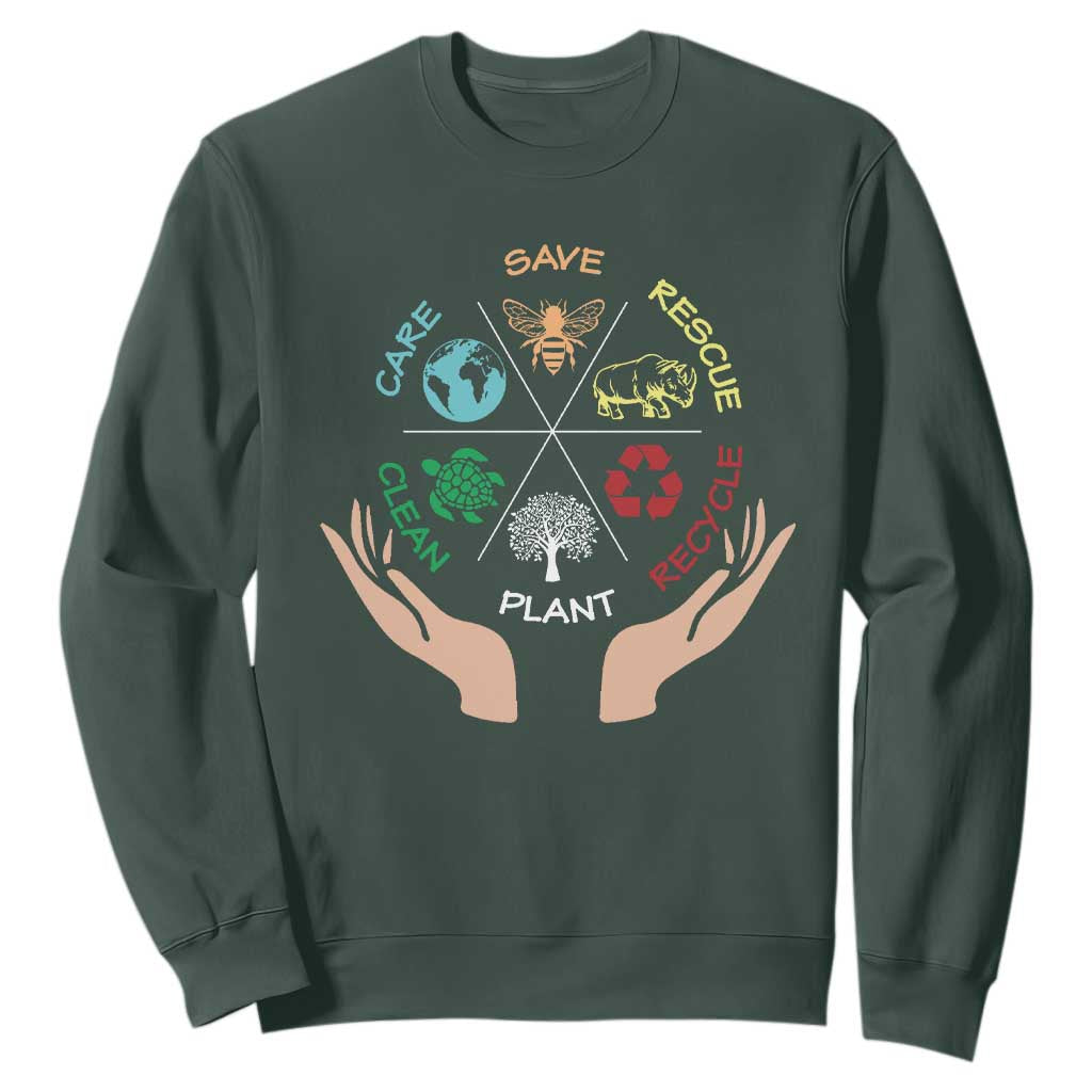 Save Bees Rescue Animals Recycle Plastic Plant Tree Sweatshirt Earth Day TS11 Dark Forest Green Print Your Wear