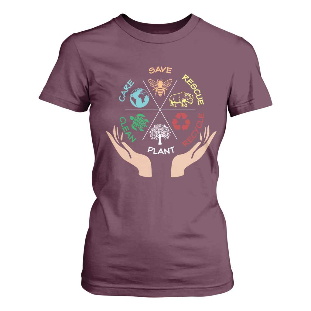 Save Bees Rescue Animals Recycle Plastic Plant Tree T Shirt For Women Earth Day TS11 Maroon Print Your Wear