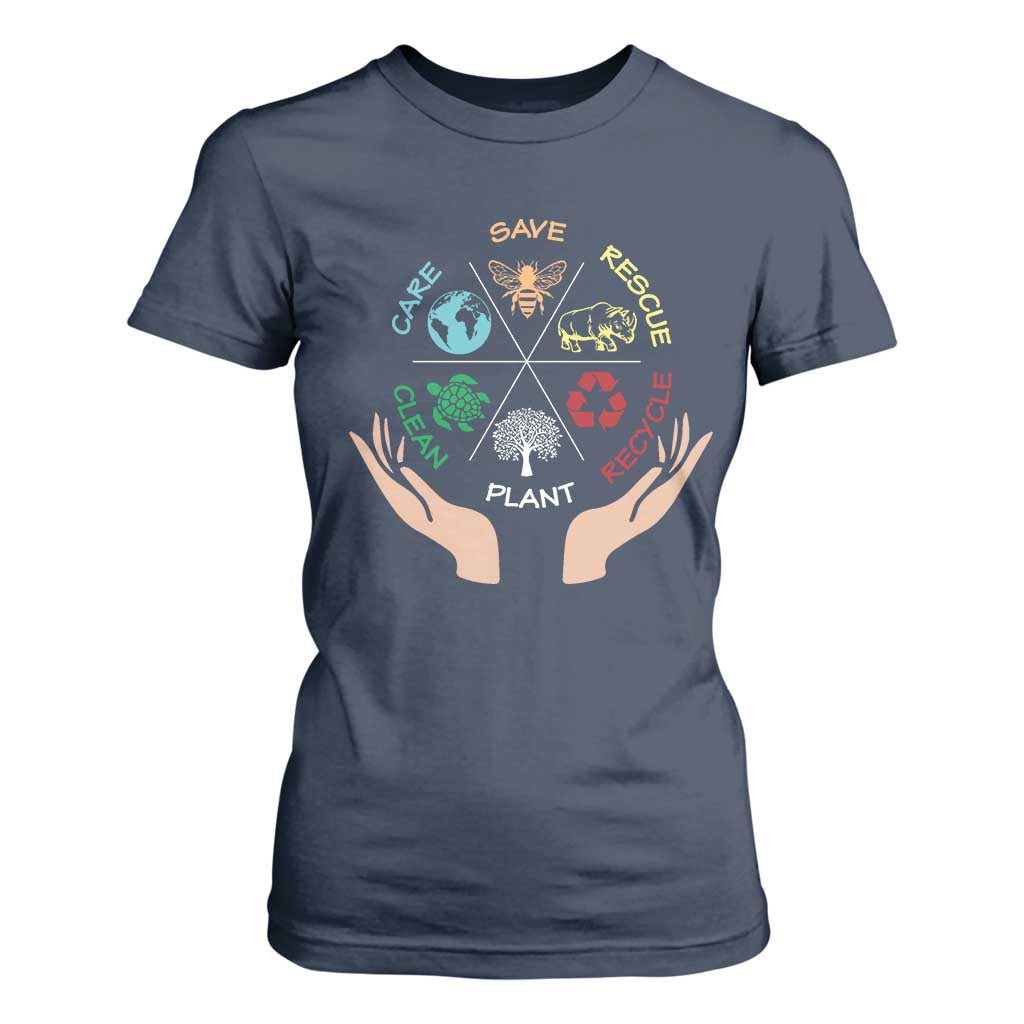 Save Bees Rescue Animals Recycle Plastic Plant Tree T Shirt For Women Earth Day TS11 Navy Print Your Wear