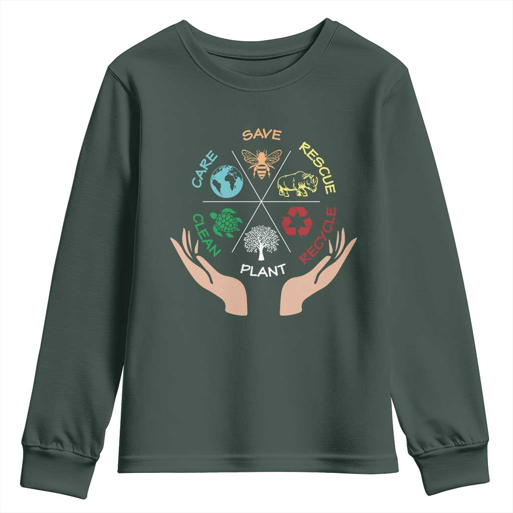 Save Bees Rescue Animals Recycle Plastic Plant Tree Youth Sweatshirt Earth Day TS11 Dark Forest Green Print Your Wear