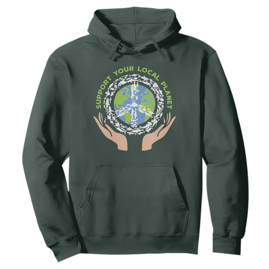Earth Day Support Your Local Planet Hoodie Peace Sign Animals TS11 Dark Forest Green Print Your Wear