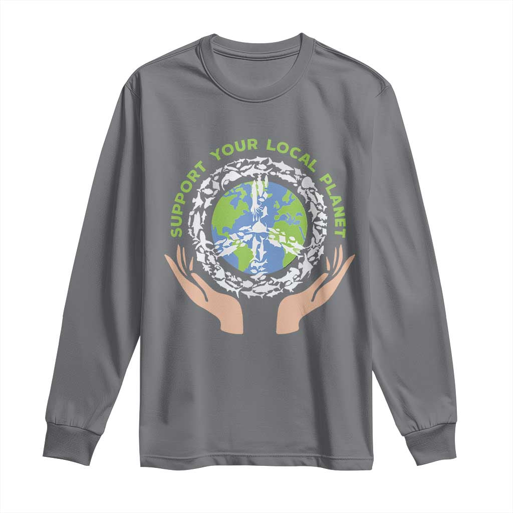 Earth Day Support Your Local Planet Long Sleeve Shirt Peace Sign Animals TS11 Charcoal Print Your Wear