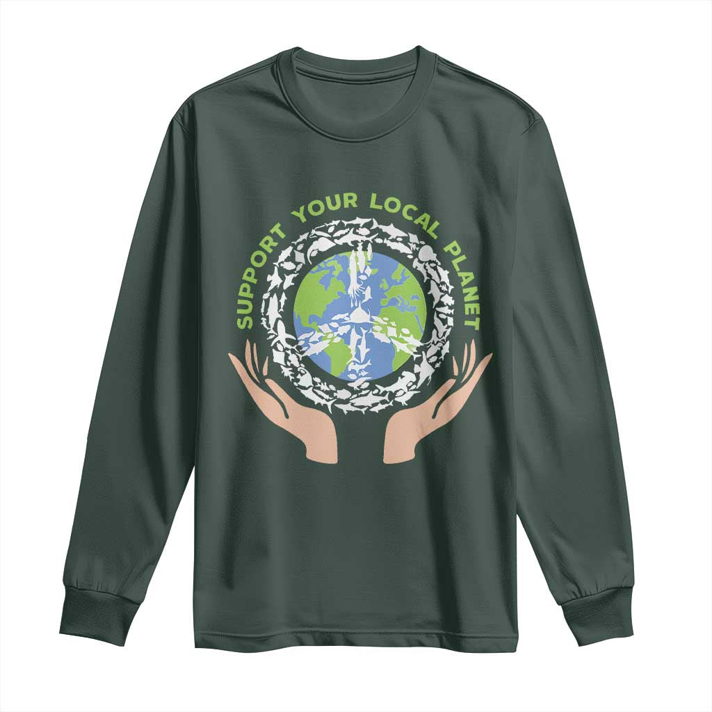 Earth Day Support Your Local Planet Long Sleeve Shirt Peace Sign Animals TS11 Dark Forest Green Print Your Wear