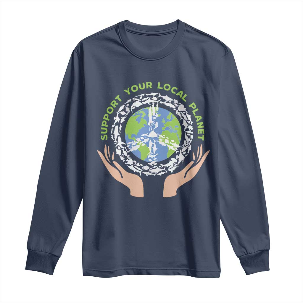 Earth Day Support Your Local Planet Long Sleeve Shirt Peace Sign Animals TS11 Navy Print Your Wear