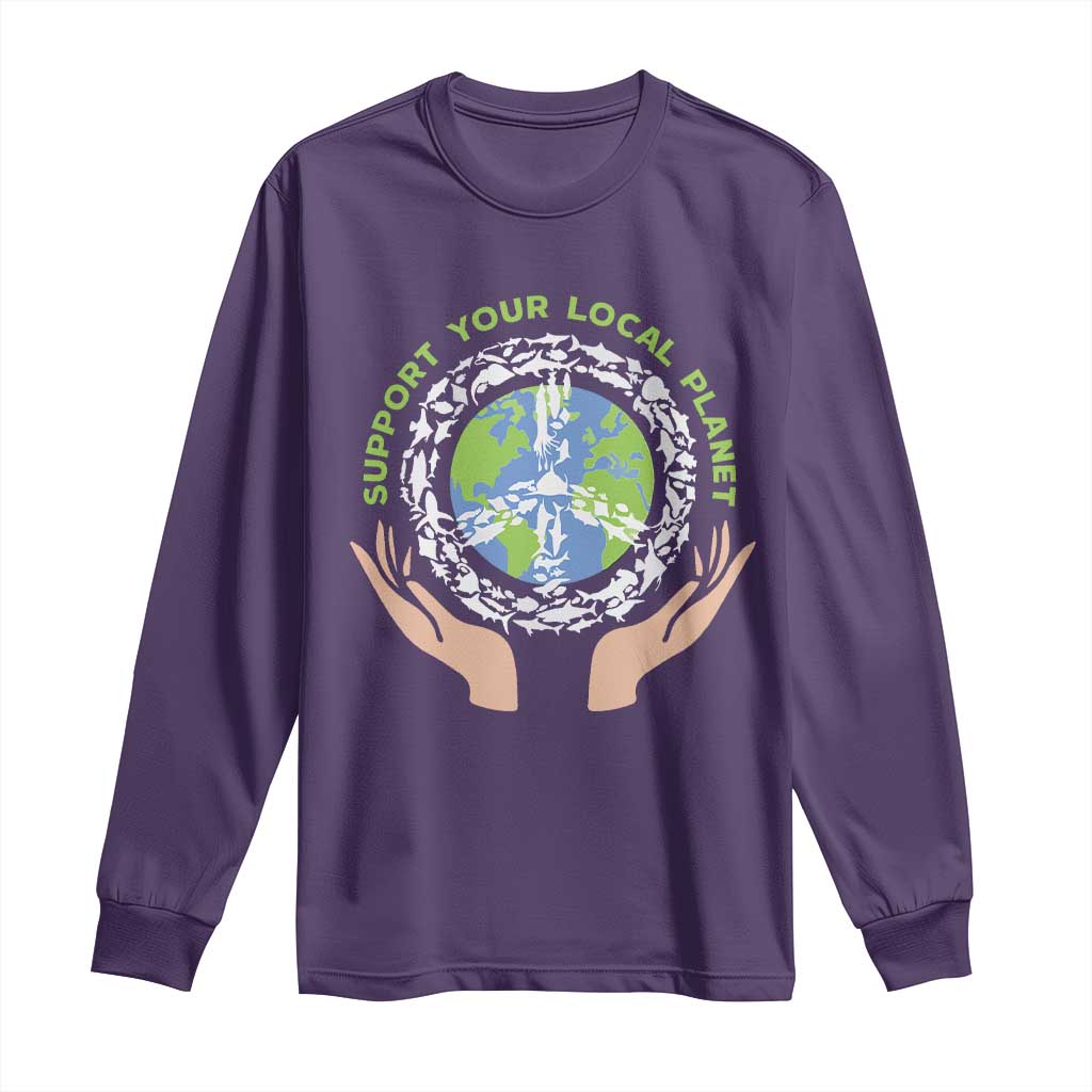 Earth Day Support Your Local Planet Long Sleeve Shirt Peace Sign Animals TS11 Purple Print Your Wear