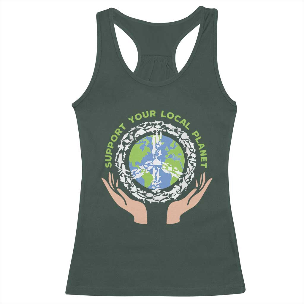 Earth Day Support Your Local Planet Racerback Tank Top Peace Sign Animals TS11 Dark Forest Green Print Your Wear