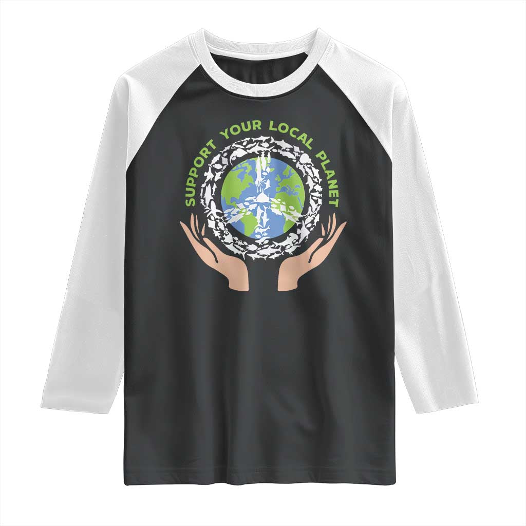 Earth Day Support Your Local Planet Raglan Shirt Peace Sign Animals TS11 Black White Print Your Wear