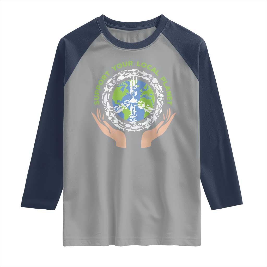 Earth Day Support Your Local Planet Raglan Shirt Peace Sign Animals TS11 Sport Gray Navy Print Your Wear
