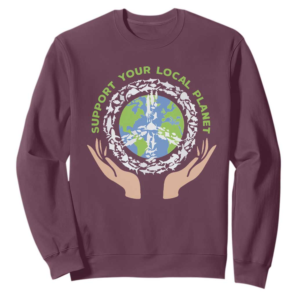 Earth Day Support Your Local Planet Sweatshirt Peace Sign Animals TS11 Maroon Print Your Wear