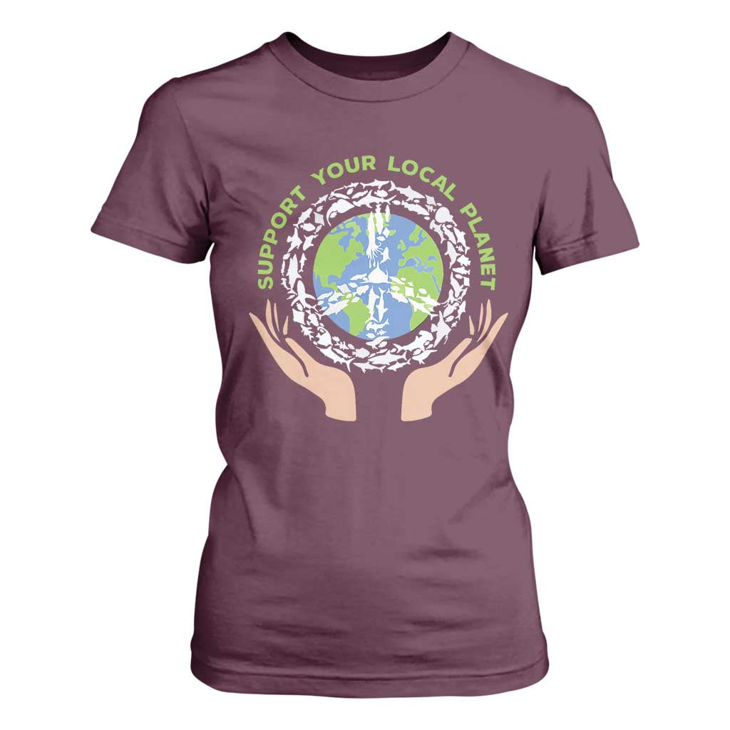 Earth Day Support Your Local Planet T Shirt For Women Peace Sign Animals TS11 Maroon Print Your Wear