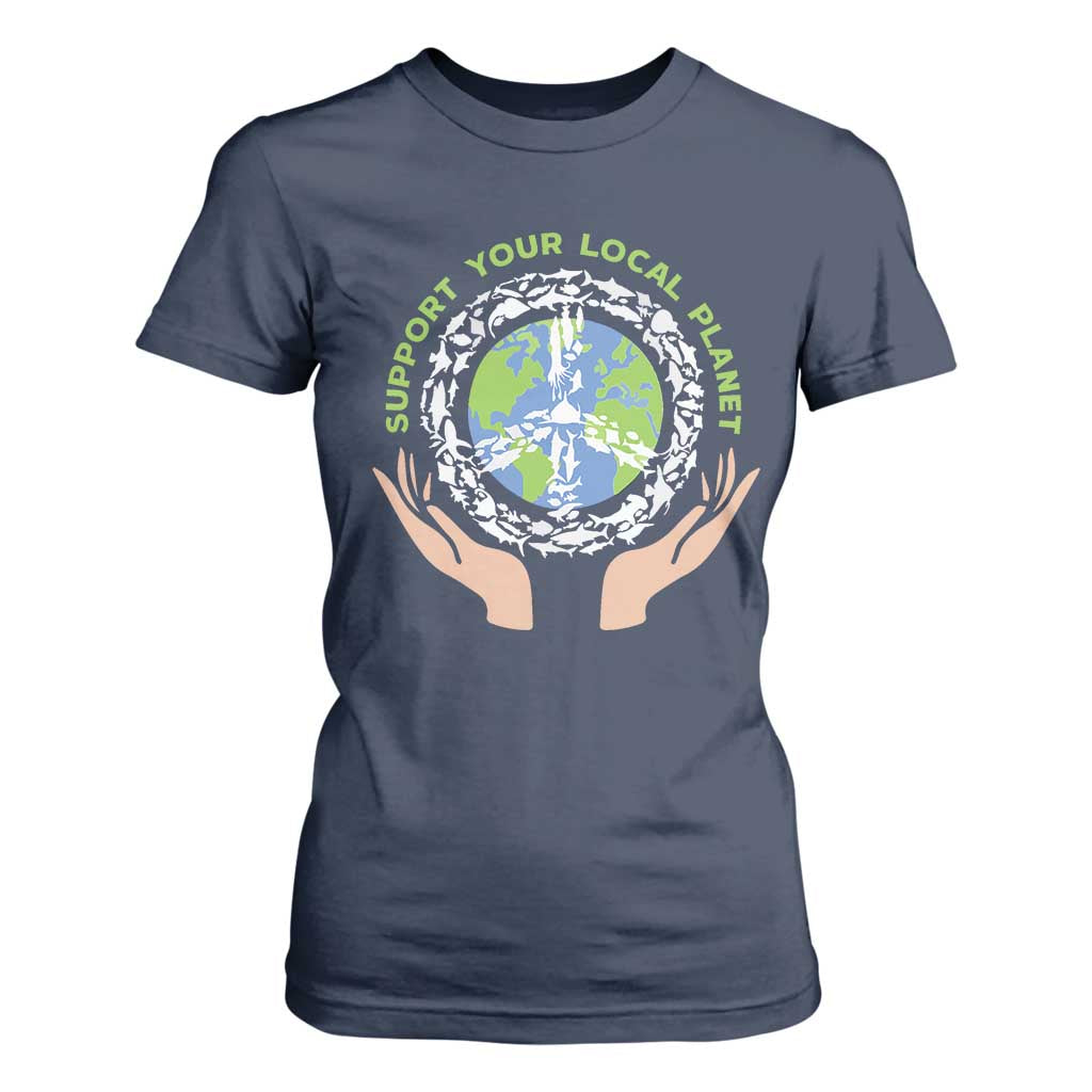 Earth Day Support Your Local Planet T Shirt For Women Peace Sign Animals TS11 Navy Print Your Wear