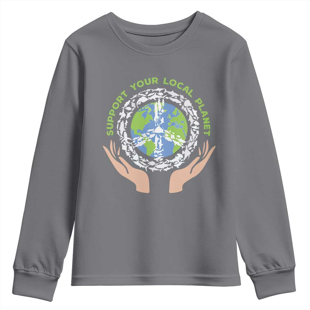Earth Day Support Your Local Planet Youth Sweatshirt Peace Sign Animals TS11 Charcoal Print Your Wear