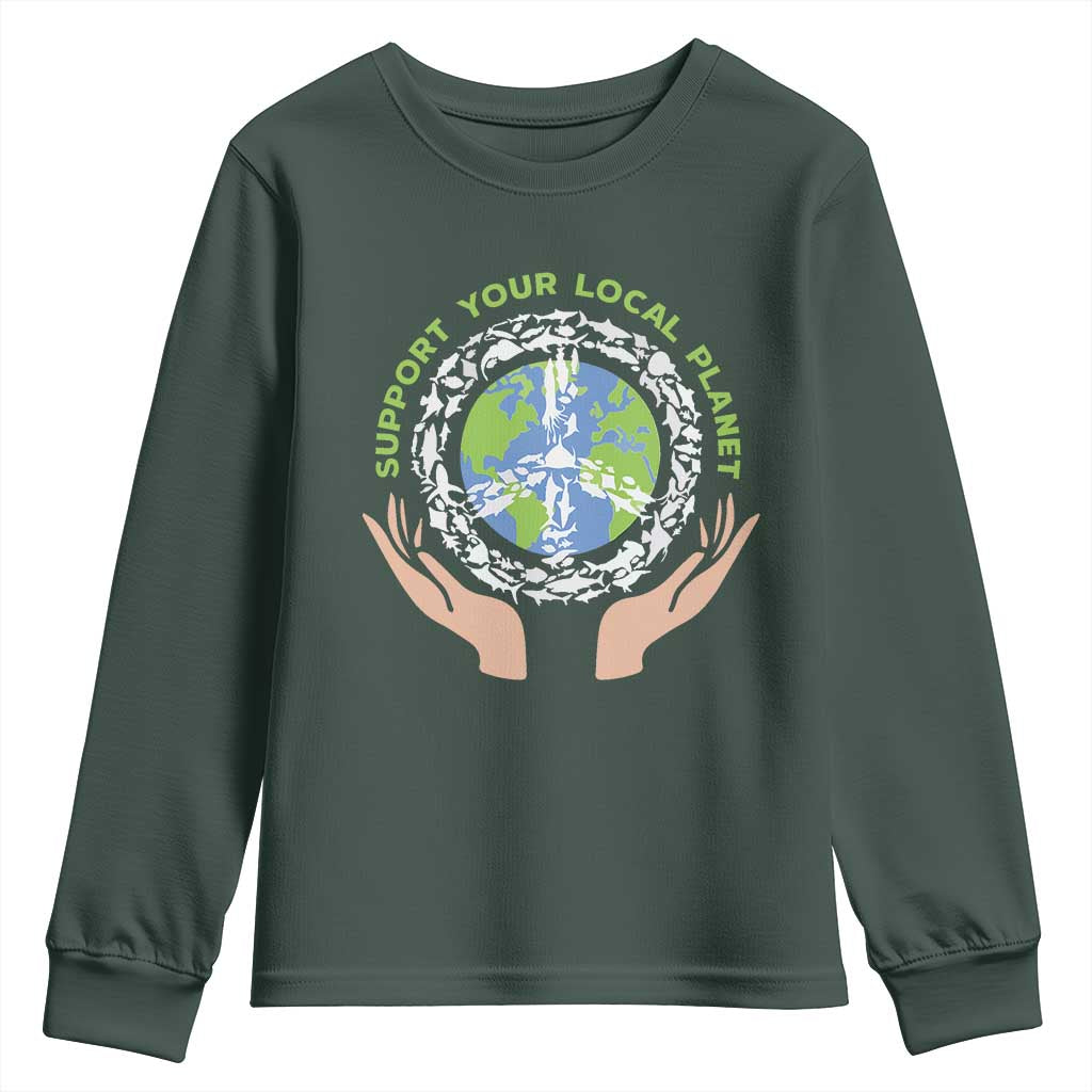 Earth Day Support Your Local Planet Youth Sweatshirt Peace Sign Animals TS11 Dark Forest Green Print Your Wear