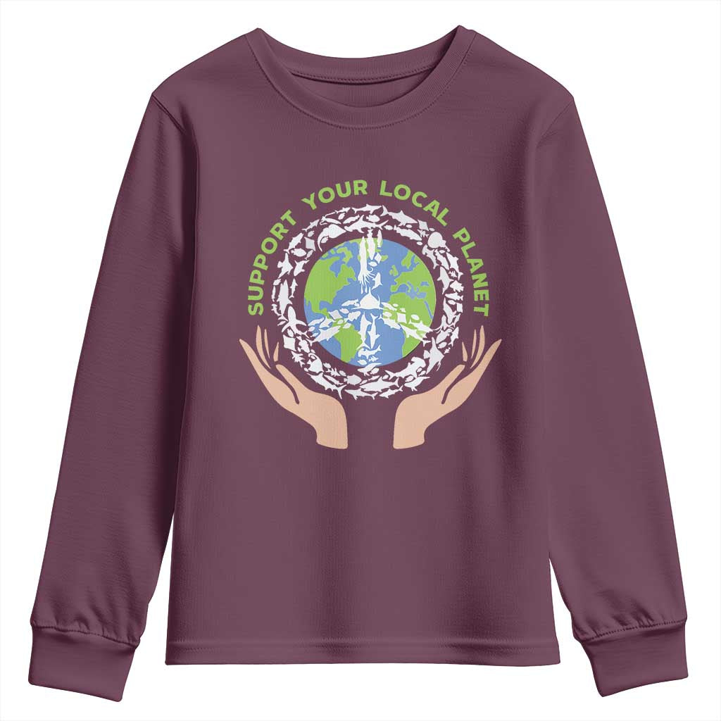 Earth Day Support Your Local Planet Youth Sweatshirt Peace Sign Animals TS11 Maroon Print Your Wear