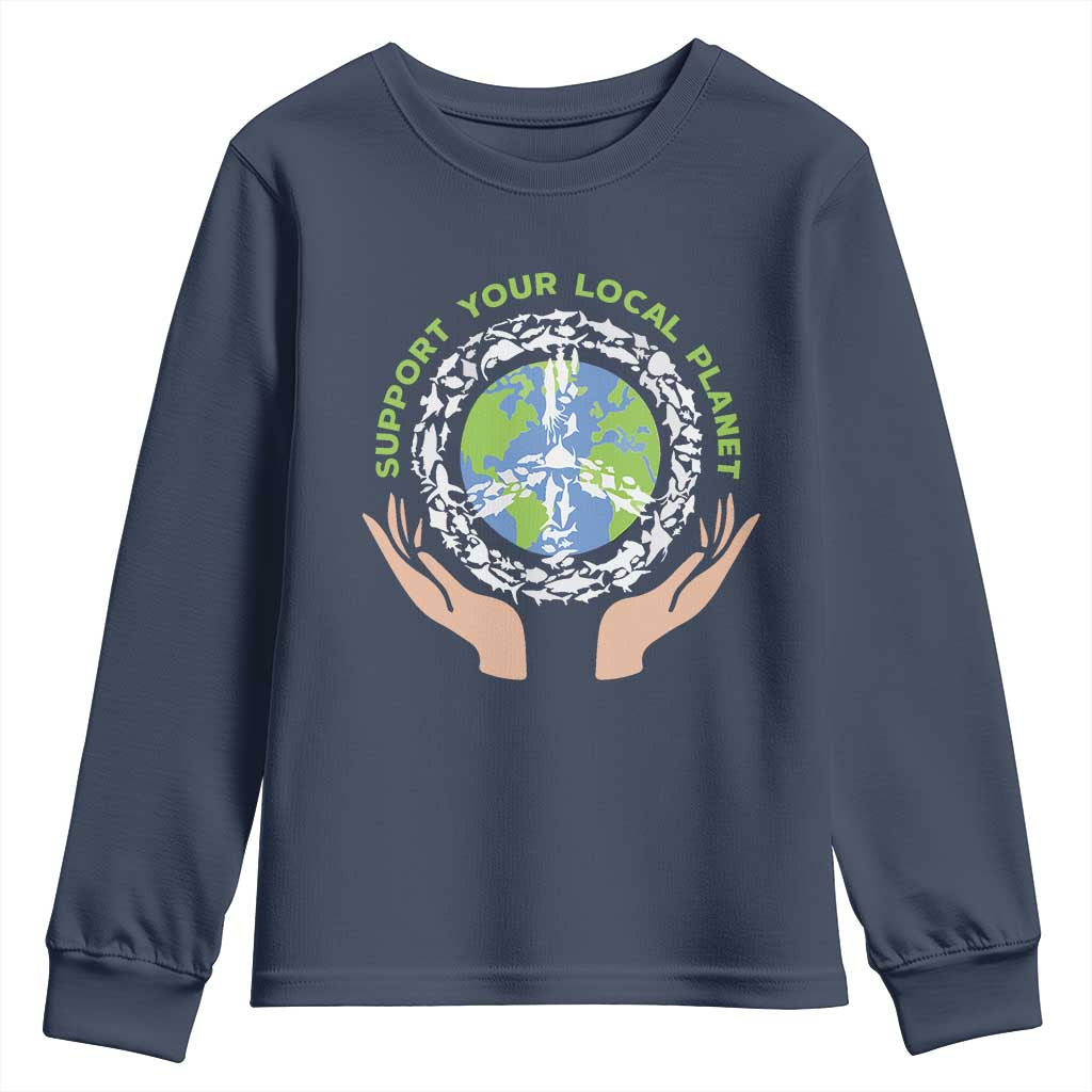 Earth Day Support Your Local Planet Youth Sweatshirt Peace Sign Animals TS11 Navy Print Your Wear