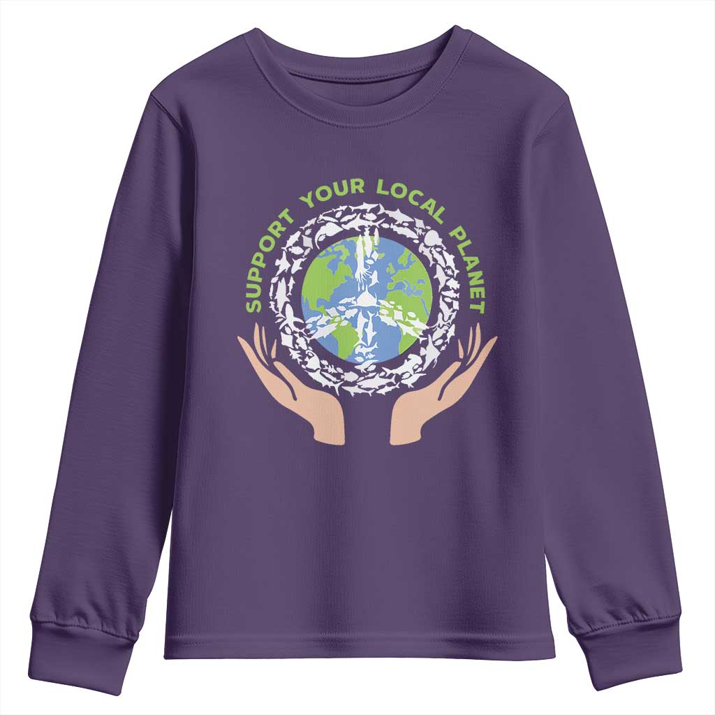 Earth Day Support Your Local Planet Youth Sweatshirt Peace Sign Animals TS11 Purple Print Your Wear