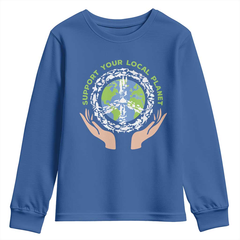 Earth Day Support Your Local Planet Youth Sweatshirt Peace Sign Animals TS11 Royal Blue Print Your Wear