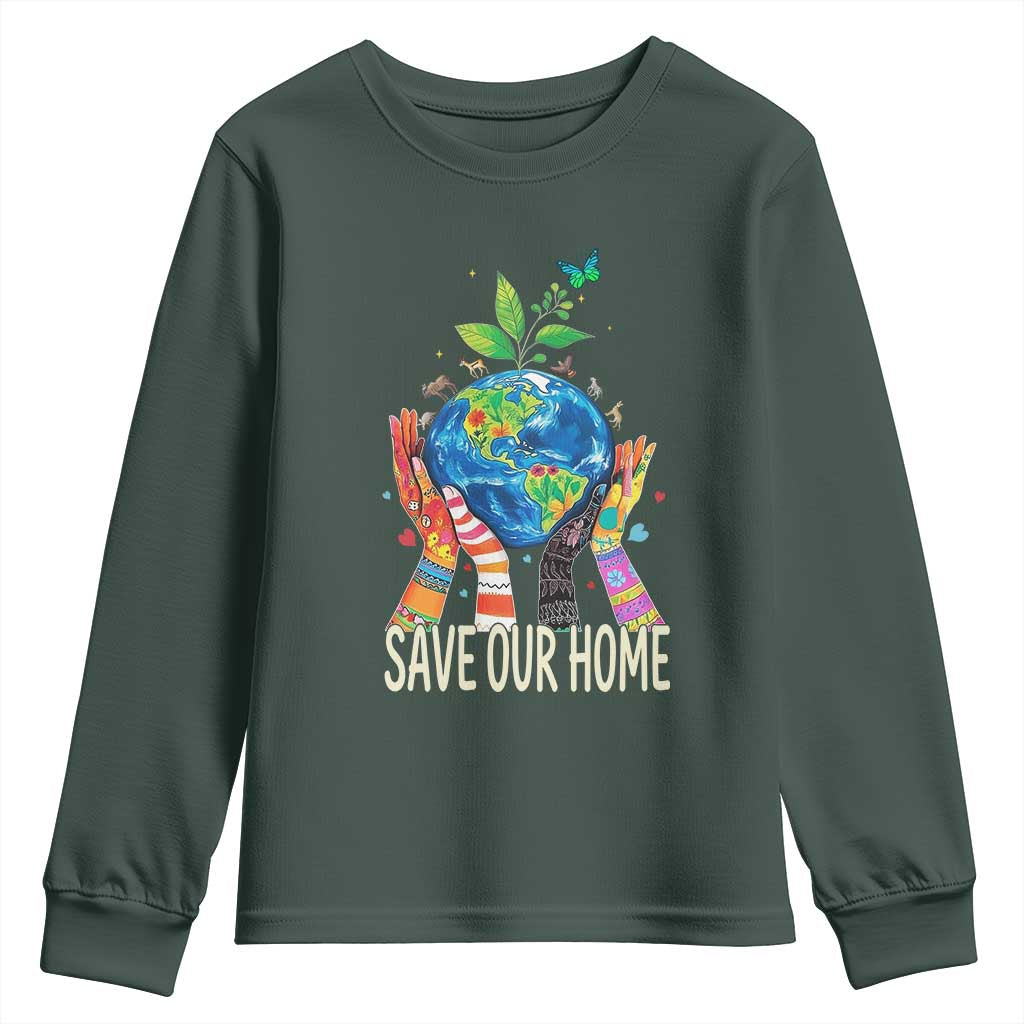 Save Our Home Animals Wildlife Conservation Earth Day Youth Sweatshirt TS11 Dark Forest Green Print Your Wear