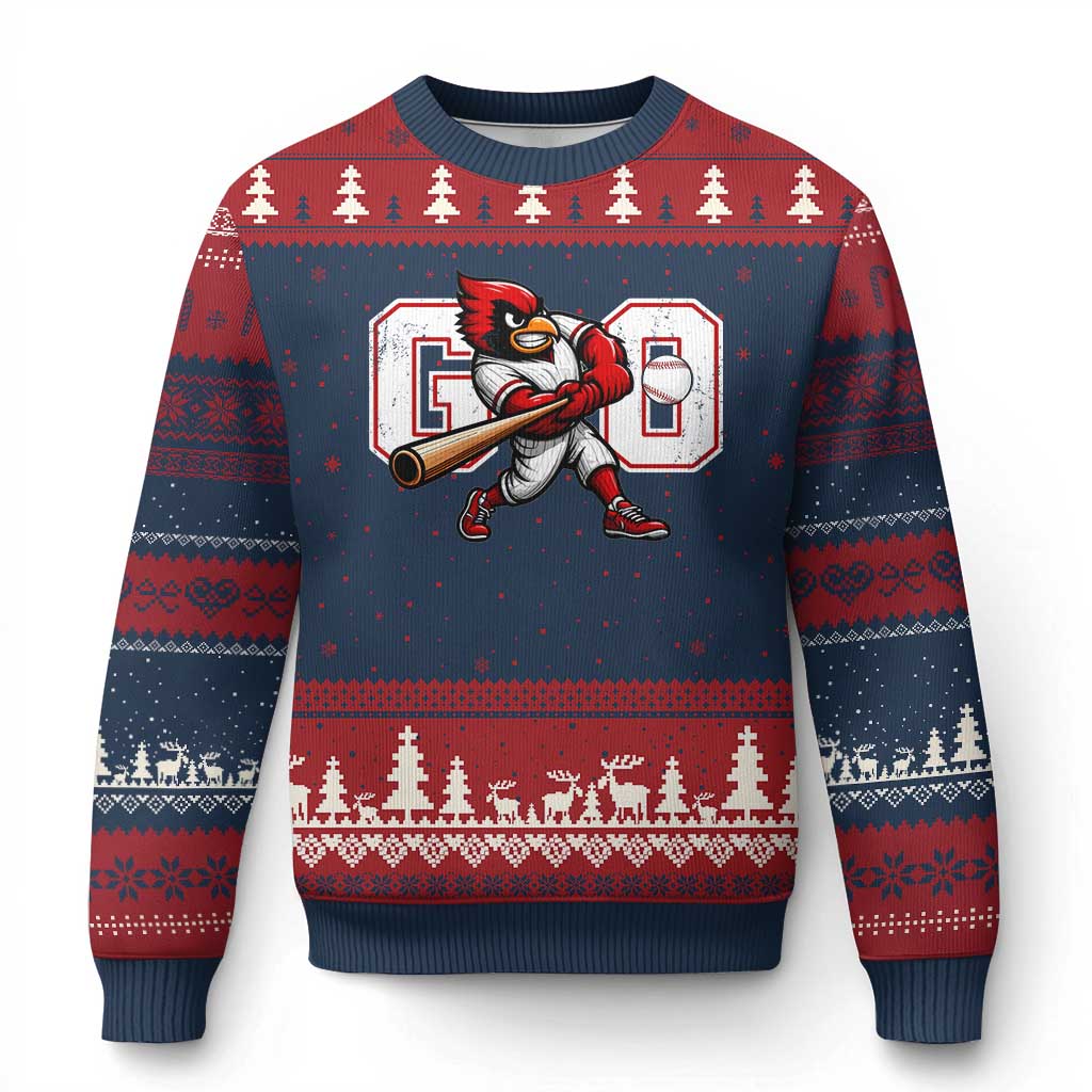 Go Cardinal Playing Baseball Graphic Ugly Christmas Sweater for Sports Fan TS11 Navy Red Print Your Wear