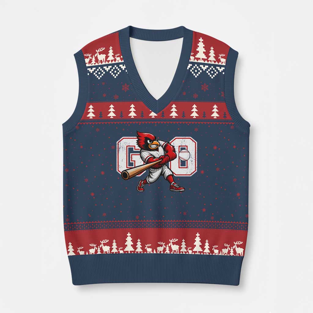 Go Cardinal Playing Baseball Graphic V-Neck Knit Sweater Vest for Sports Fan TS11 Navy Red Print Your Wear