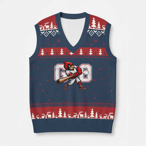 Go Cardinal Playing Baseball Graphic V-Neck Knit Sweater Vest for Sports Fan TS11 Navy Red Print Your Wear