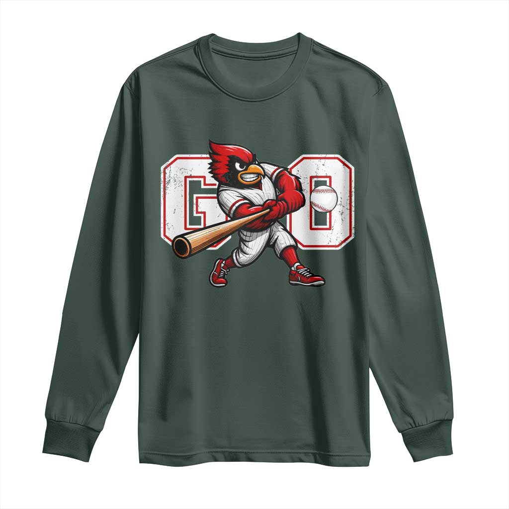 Go Cardinal Playing Baseball Graphic Long Sleeve Shirt for Sports Fan TS11 Dark Forest Green Print Your Wear