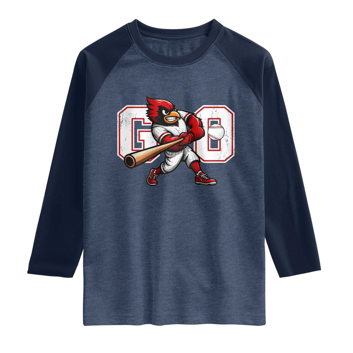 Go Cardinal Playing Baseball Graphic Raglan Shirt for Sports Fan TS11 Heather Denim Navy Print Your Wear