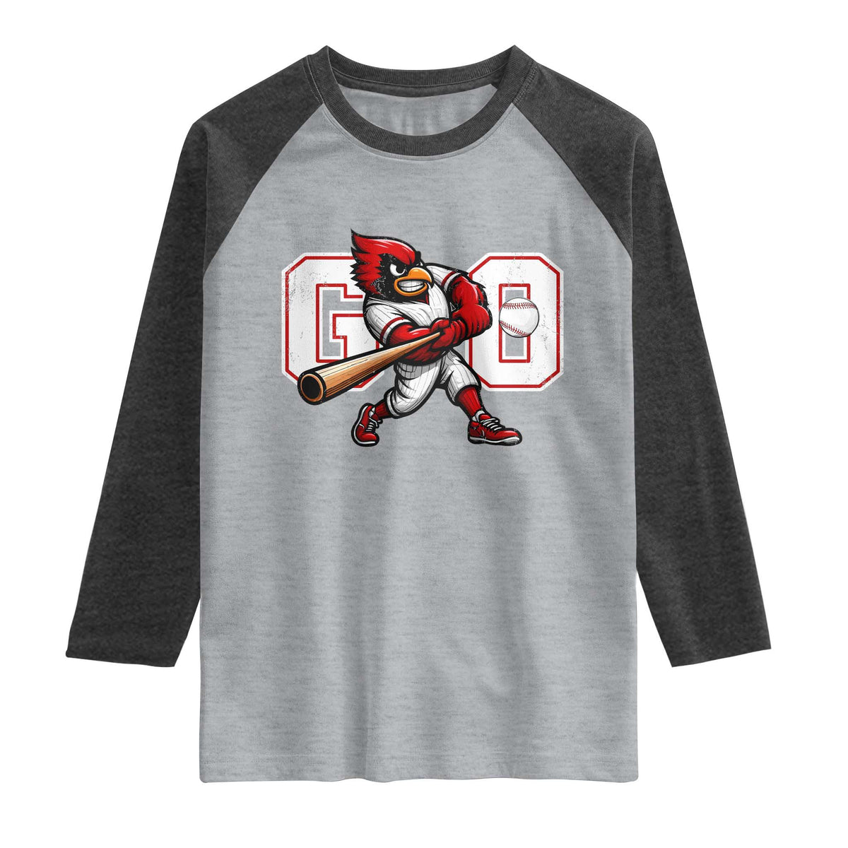 Go Cardinal Playing Baseball Graphic Raglan Shirt for Sports Fan TS11 Heather Gray Heather Charcoal Print Your Wear
