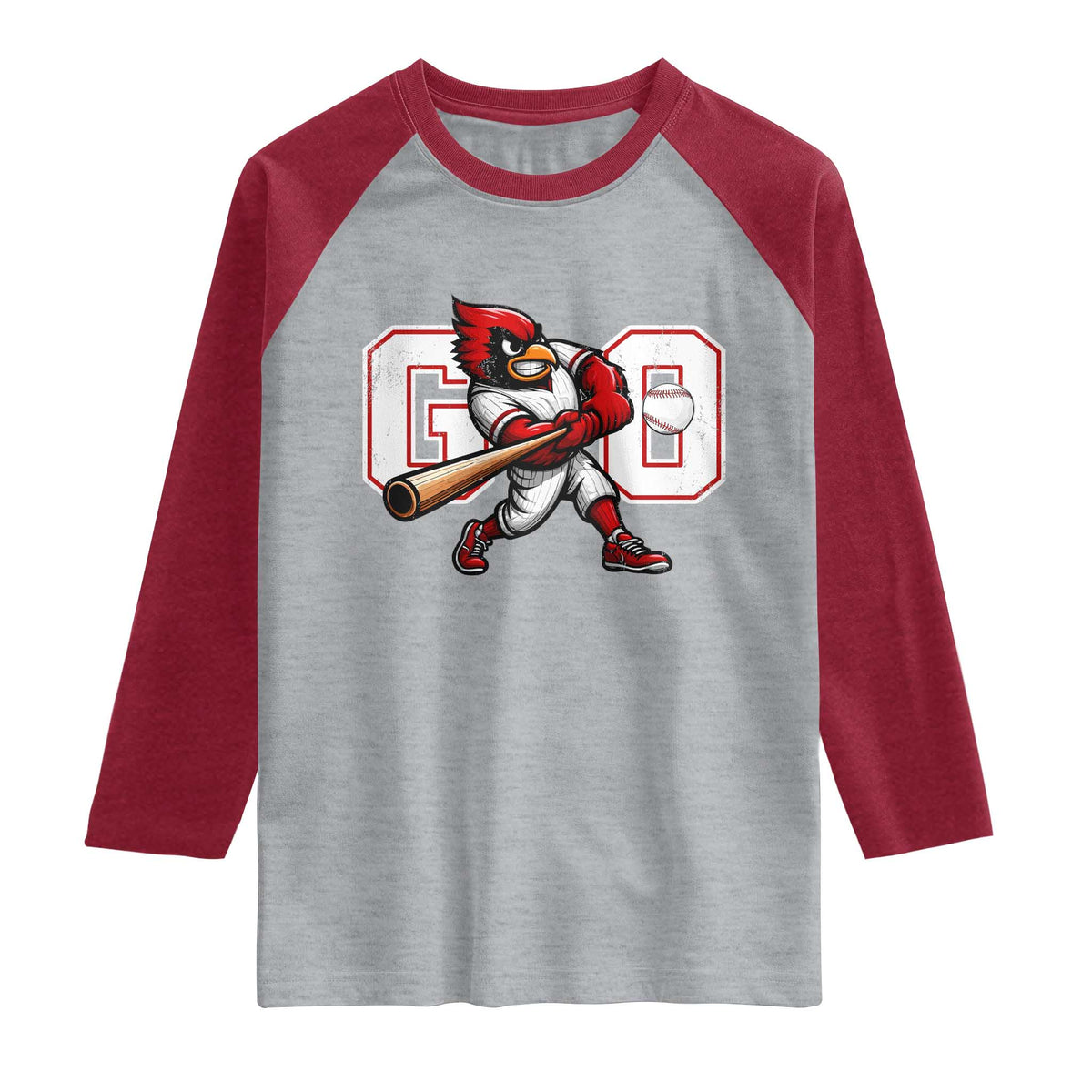 Go Cardinal Playing Baseball Graphic Raglan Shirt for Sports Fan TS11 Heather Gray Heather Red Print Your Wear