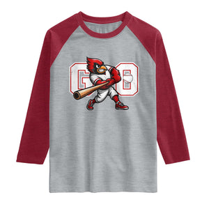 Go Cardinal Playing Baseball Graphic Raglan Shirt for Sports Fan TS11 Heather Gray Heather Red Print Your Wear